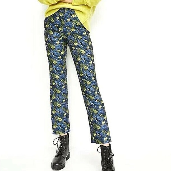 Anthropologie Current Air Bluebell Jacquard Pants Blue Yellow Floral Motif - Picture 3 of 12